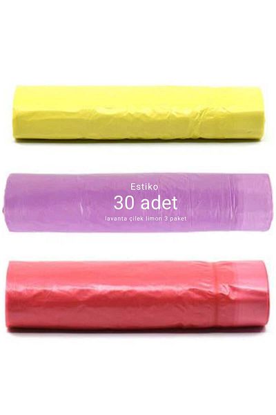 ESTİKO Drawstring And Scented Garbage Bags 30 Pieces 55x60 Medium Size Strawberry Lavender Lemon