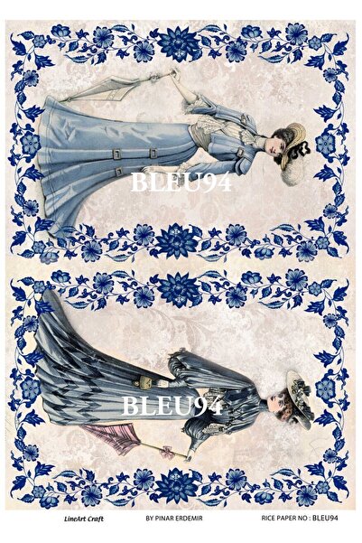 LİNEART BLEU94 Mavi Beyaz, Çini, Yuvarlak Pirinç Dekopaj 30x42