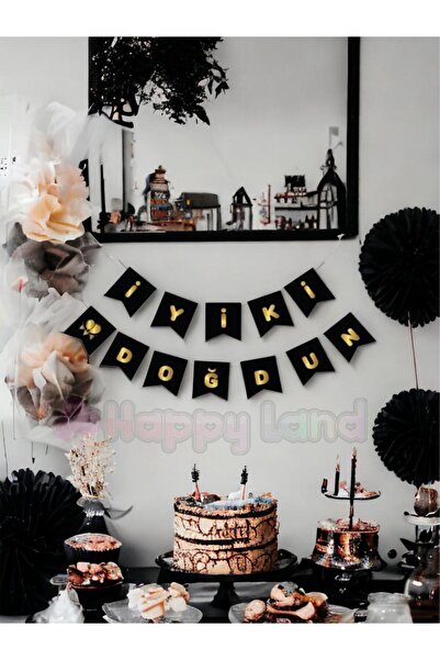 Happyland Happy Birthday Banner Black with Gold Gold Yellow Gilt Happy Birthd...