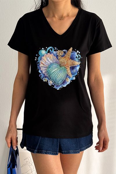 FEMELLE Tricou de damă, negru, cu decolteu în V, stea de mare, cu paiete brodat, 100% bumbac