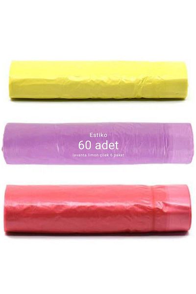 ESTİKO Drawstring And Scented Garbage Bag 55x60 Medium Size 60 Pieces Strawberry Lavender Lemon