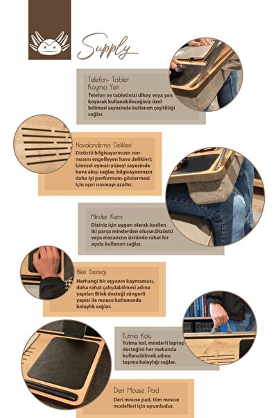 Axolotl Solak Telefon Ve Tablet Bölmeli Minderli Laptop Sehpası Notebook Bilgisayar Çalışma Masası