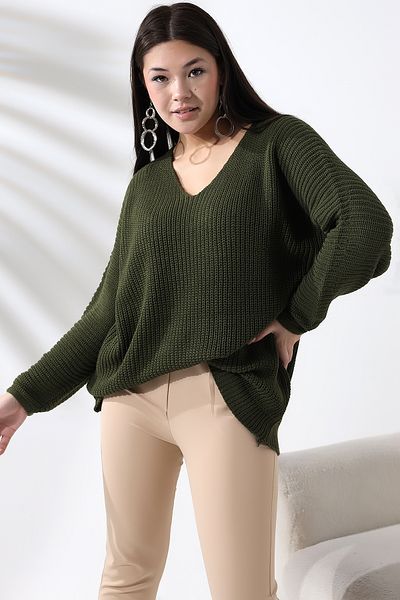 Devinka Women's Khaki V-Neck Thessaloniki Knit Oversize Knitwear Sweater
