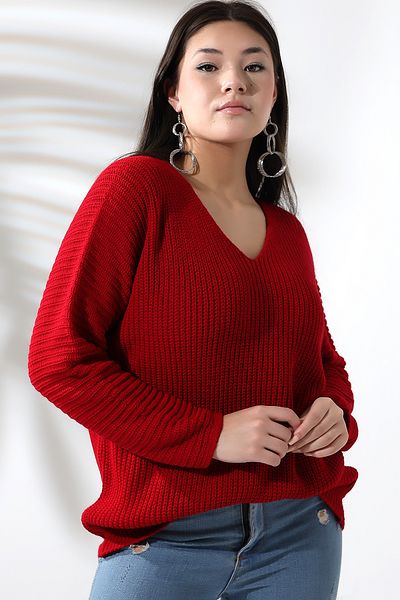 Devinka Women's Red V-Neck Thessaloniki Knit Oversize Knitwear Sweater