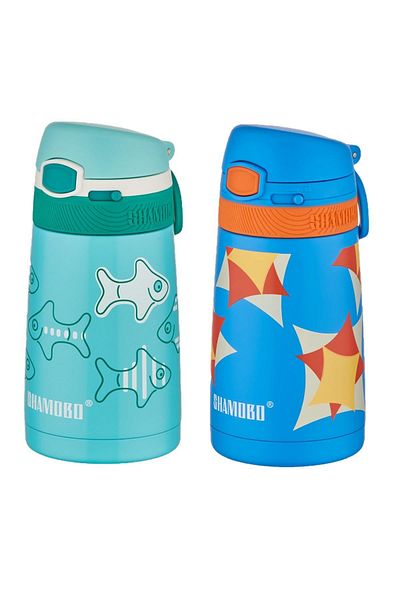 Shamobo Set of 2 Steel Thermos with Straw 350ml -6 Hours Thermal Insulation-