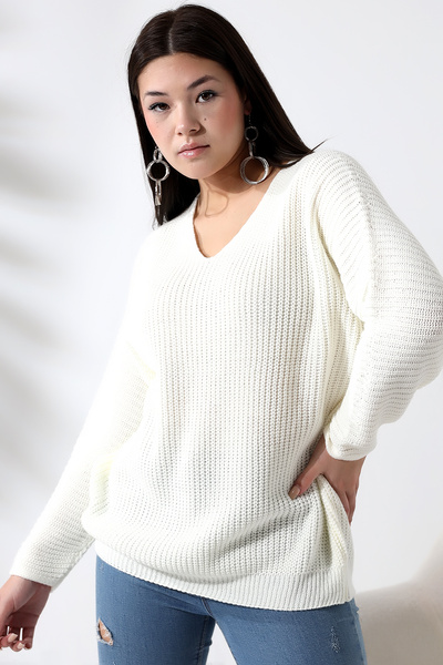 Devinka Pulover de damă alb cu decolteu în V Thessaloniki Knit Oversize Tricotaj