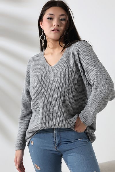 Devinka Pulover de damă gri cu decolteu în V Thessaloniki Knit Tricot supradimensionat