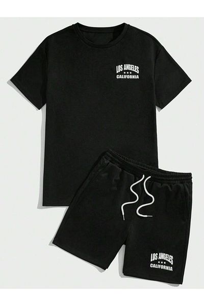 trendgar Unisex Black Losangeles Printed Oversize Shorts Set