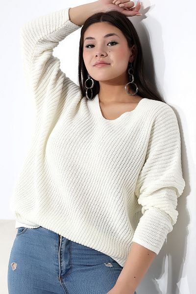 Devinka Pulover de damă alb cu decolteu în V Thessaloniki Knit Oversize Tricotaj