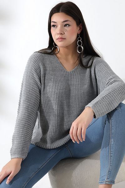 Devinka Pulover de damă gri cu decolteu în V Thessaloniki Knit Tricot supradimensionat