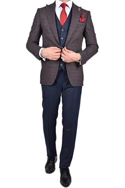 Carutte Crt 300-01 Slimfit Kombinli Yelekli Takım Elbise Kahverengi