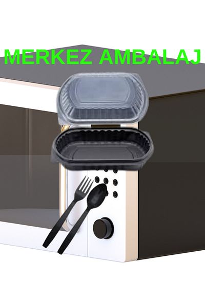 ELFUMER Compartmentless Food Container with Lid (black) 200 PCS + 200 PCS BLACK FORK AND 200 PCS BLACK SPOON