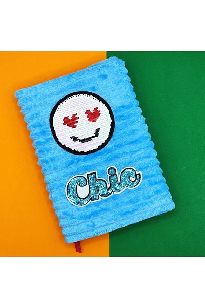 Limmy Blocnotes cu paiete de pluș (20X13 cm), 60 de coli, fața zâmbitoare cu inimă - albastru