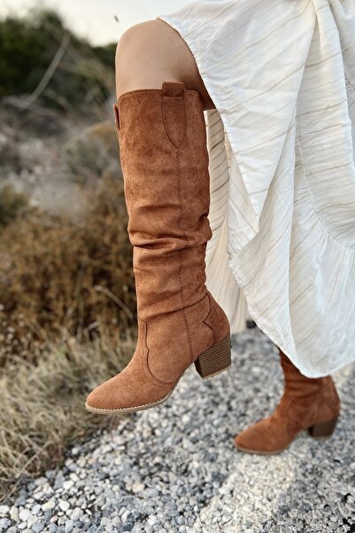 POLKA STORE Dámské kovbojské boty s klínkem Desert Long Under the Knee Western semišové hnědé hnědé