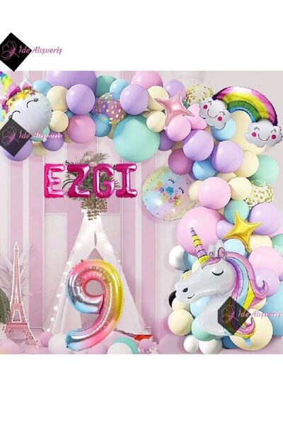 Bkmc 9 Years and 4 Letters Rainbow Concept Unicorn Themed Macaron Balloon Bir...