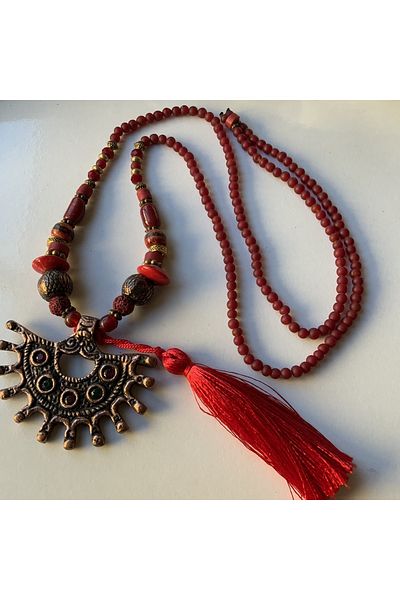 azra takı tasarım Handmade Authentic, Ethnic, Burgundy, Red, Cast, Lava Stone, Glass Beads, Tassels, Long Women's Necklace