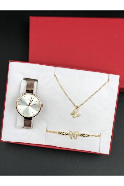 Denseden Gold Color Women's Wristwatch - set with butterfly necklace and brac...