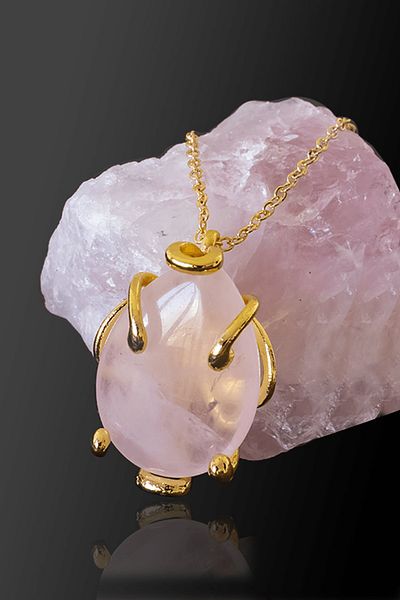 Tesbih Atölyesi Certified AAA+ Drop Model Light Pink Quartz Stone Necklace - Gold Color