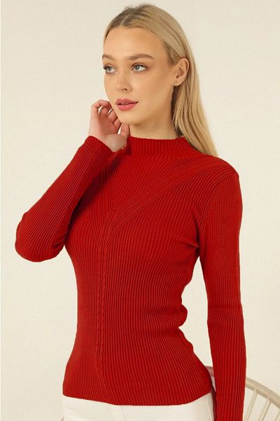 VEGENZE Pulover de damă roșu cu guler roșu, cu șnur, tricotat cu model