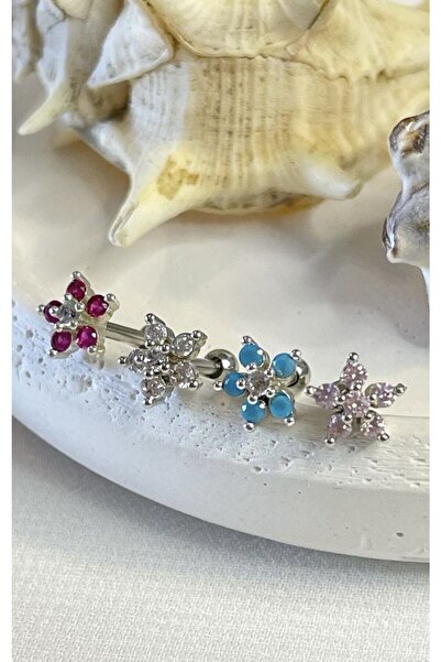 BY DİLEK ÇETİN ACCESSORY Çelik çiçek figürlü kıkırdak helix tragus piercing(4...