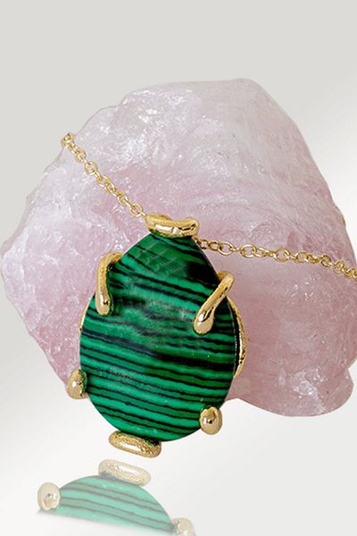 Tesbih Atölyesi Certified AAA+ Drop Model Malahit - Malachite Stone Necklace - Gold Color