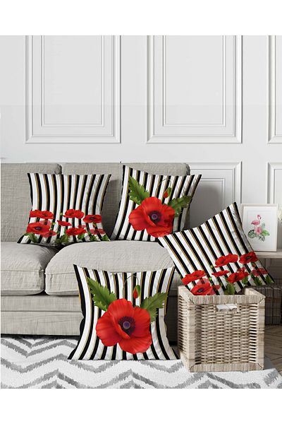 menesahome Red Poppy Flower Themed Decorative Digital Printed Throw Pillow Cover