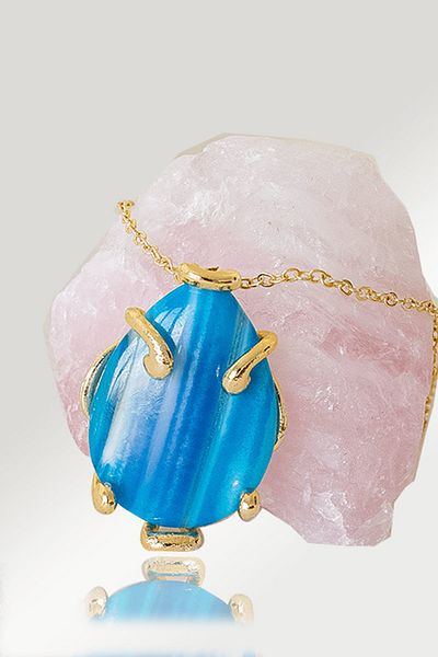 Tesbih Atölyesi Certified AAA+ Blue Agate Stone Necklace with Drop Nails - Gold Color