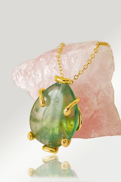 Tesbih Atölyesi Certified AAA+ Drop Model Green Fluorite Stone Necklace - Gold Color