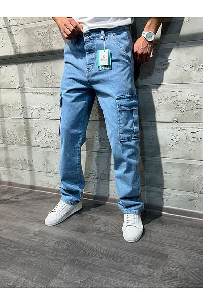 HAKİM BEY Men's Blue Cargo Pocket Baggy Jeans