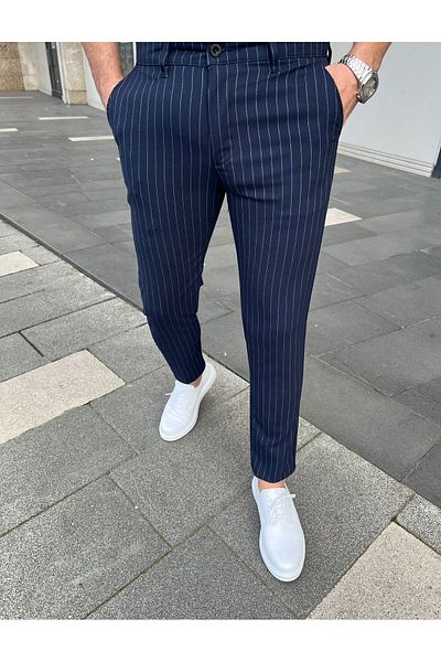HAKİM BEY Men's Italian Cut Slim Fit Quality Stretchy Lycra Striped Ankle Length Fabric Trousers