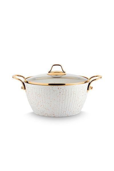 Lines Maya Granite Patterned Deep Pot Gold Handle - White - 20 Cm