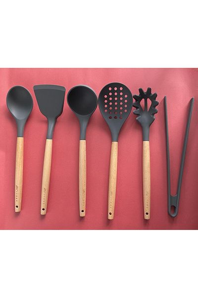 Multiamo Bamboo Handle Silicone Serving Set 6 Pieces, Ladle, Spoon, Colander, Pasta Spoon, Angled Spatula, Tongs