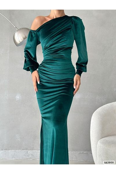 Varyete Slit Off Shoulder Maxi Μήκος Βελούδινο Ύφασμα Βραδινό Φόρεμα Νυφικό Αρραβώνα