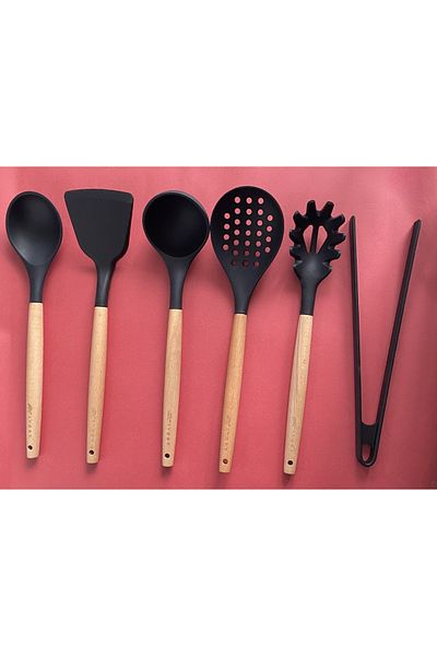 Multiamo Bamboo Handle Silicone Serving Set 6 Pieces, Ladle, Spoon, Colander, Pasta Spoon, Angled Spatula, Tongs
