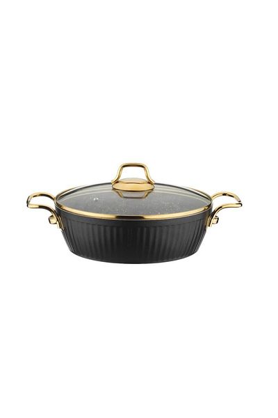 Lines Maya Granite Patterned Flat Pot Gold Handle - Black - 24 Cm
