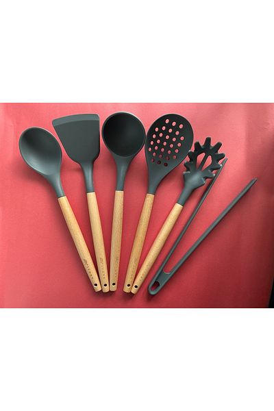 Multiamo Bamboo Handle Silicone Serving Set 6 Pieces, Ladle, Spoon, Colander, Pasta Spoon, Angled Spatula, Tongs