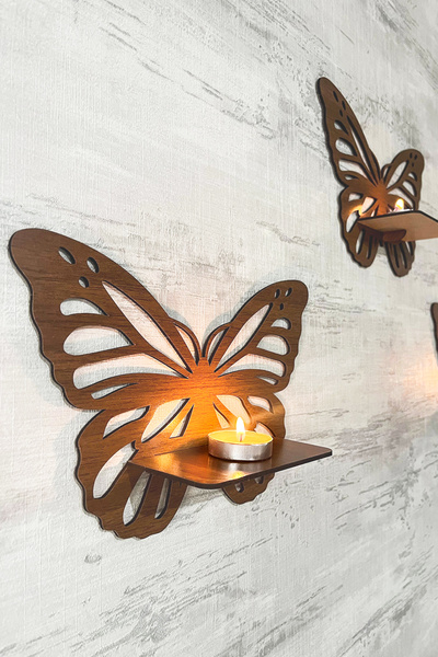 markcat Dekoratif Ceviz Kelebek Duvar Rafı 3 Lü Set (25 CM) Duvar Mumluğu - M...