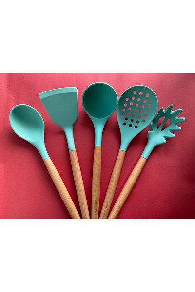 Multiamo Bamboo Handle Silicone Serving Set 5 Pieces, Ladle, Spoon, Colander, Pasta Spoon, Angled Spatula,