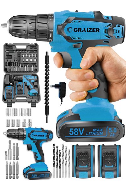 Graizer Alman 58 V 5 Ah Sjs Çift Metal Şanzuman Çift Akülü Şarjlı Vidalama Matkap 24 Parça Set