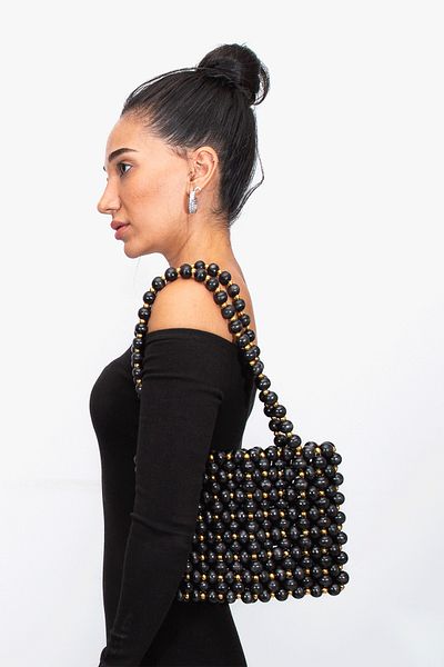 Sun Pieces Dorothy Black Gold Color Bead Bag, Wooden Bead Bag, Shoulder Bag, Handmade Bag