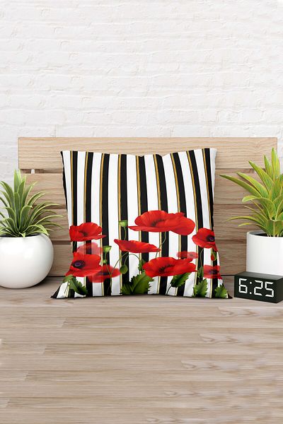 menesahome Poppy Flower Patterned Red Colored Digital Printed Throw Pillow Cover