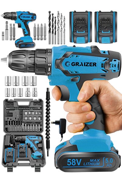 Graizer Alman 58 V 5 Ah Sjs Çift Metal Şanzuman Çift Akülü Şarjlı Vidalama Matkap 24 Parça Set