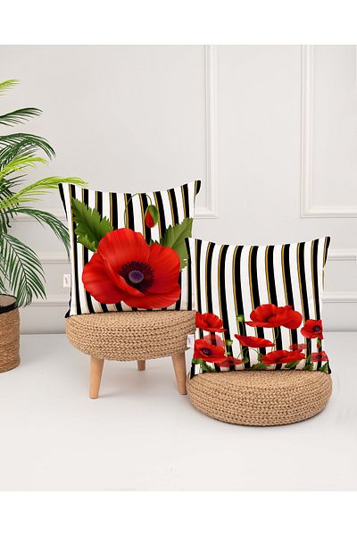 menesahome Poppy Flower Patterned Red Colored Digital Printed Throw Pillow Cover