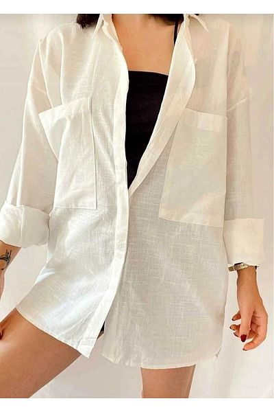 GALAVİP Women's Double Pocket Oversize Linen Shirt