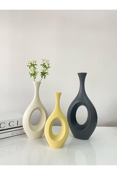 stilinbu Set de 3 vaze ceramice boeme hitite - negru, alb spart și galben H253035
