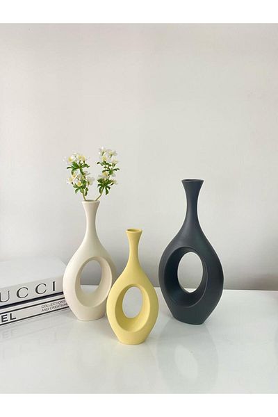 stilinbu Set de 3 vaze ceramice boeme hitite - negru, alb spart și galben H253035