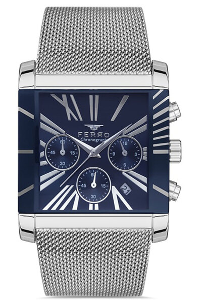 FERRO Men's Wristwatch Steel Case Steel Cord Waterproof Square Model Gauges A...