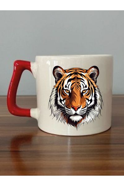 lili hediyelik Tiger Red Handled Mug Cup - Ceramic Tea, Coffee Gift Cup