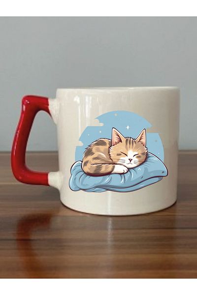 lili hediyelik Sleeping Cat Red Handled Mug Cup - Ceramic Tea, Coffee Gift Cup