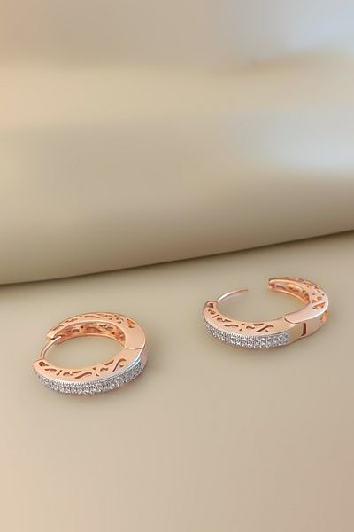 COSİTA Gold Rose Half Round Double Row Zircon Stone Row Clyced Hoop Earrings